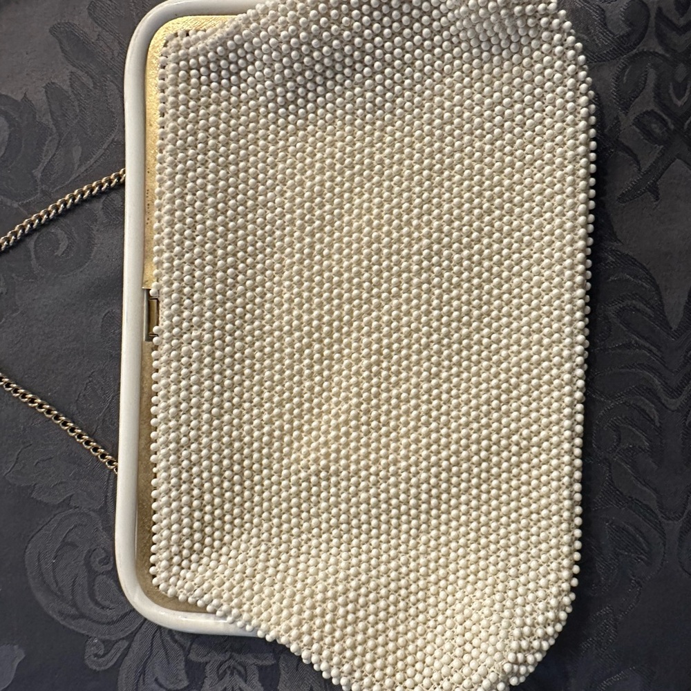 Vintage Lumured Corde Bead Clutch Purse Off White USA Made - Picture 3 of 9
